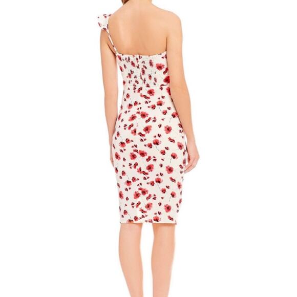 Lucy Paris One Shoulder Midi Dress Cream Red Floral Ruffles Feminine Cocktail L - Picture 4 of 16